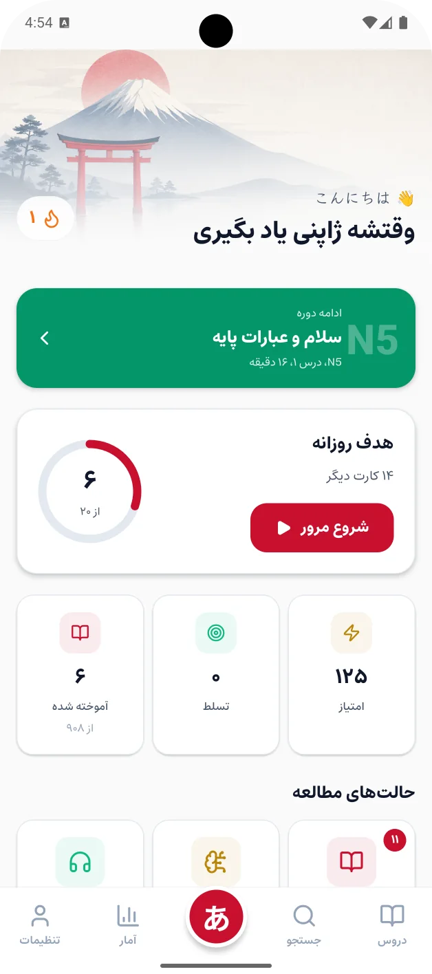 صفحهی اول برنامه: کوه فوجی و دروازهی توری، ادامهی درس اول N5، هدف روزانه و امتیازها
